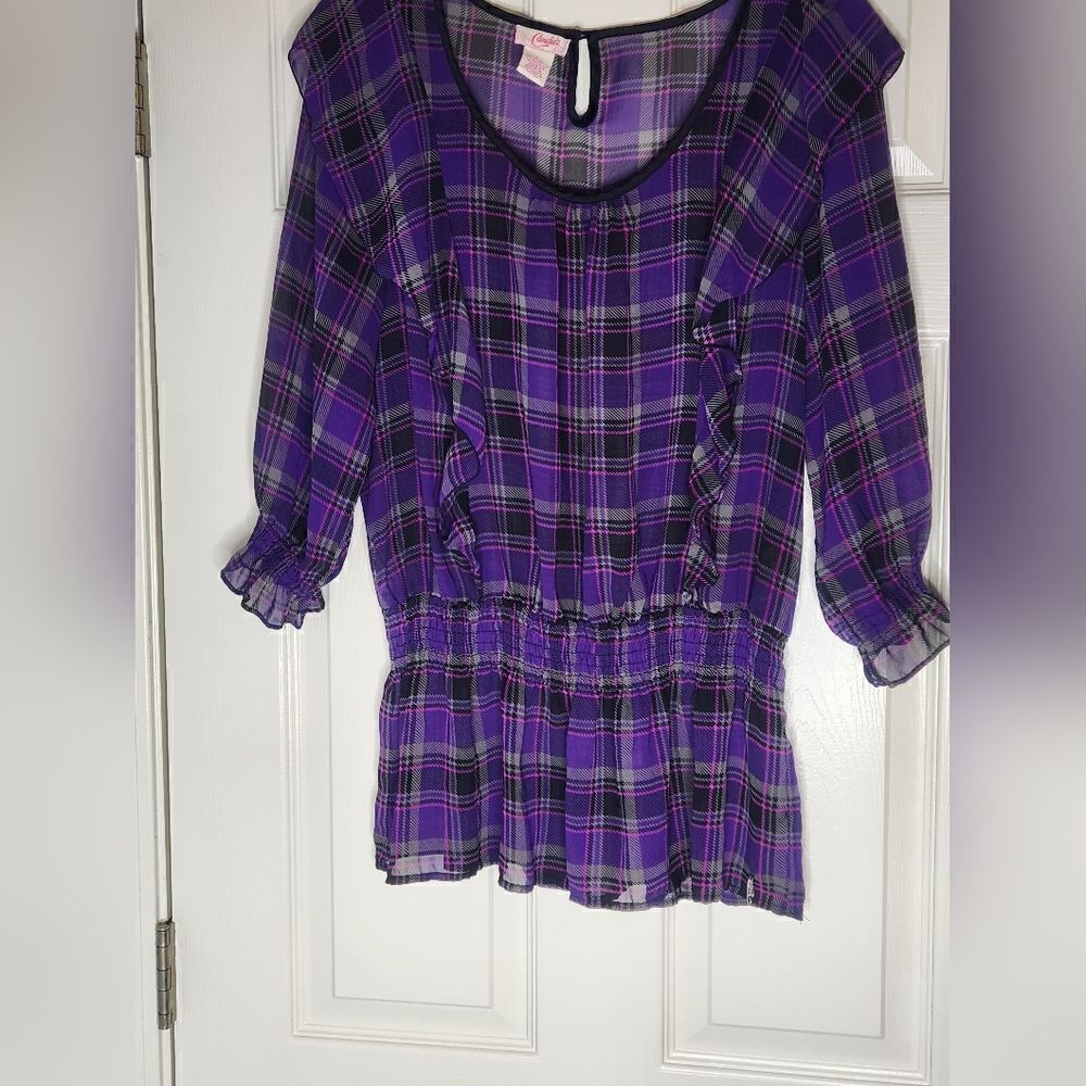 Candie's L Purple Plaid 3/4 Slv Elastic Drop Waist Ruffled Women Blouse Top
